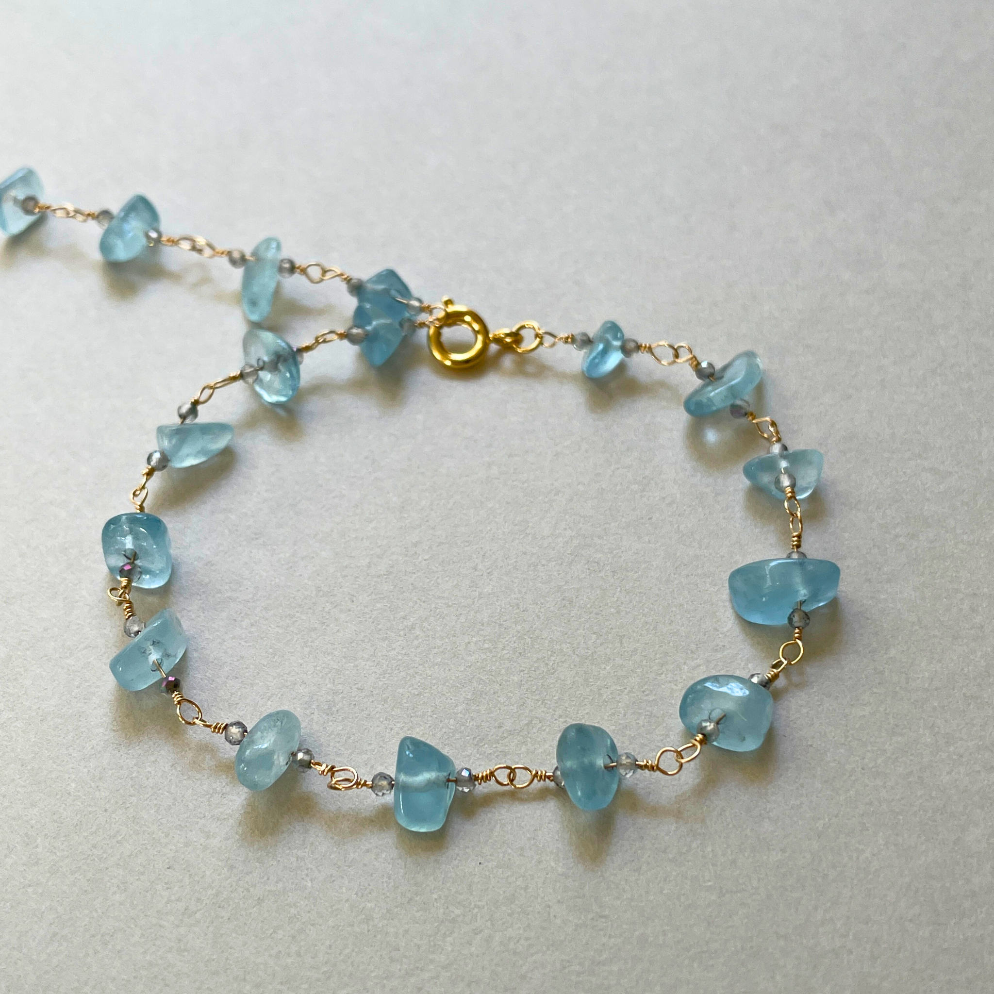 ◇14Kgf◇アクアマリンとミスティックトパーズ　ブレスレット 　天然石 　さざれ　神秘的な輝き　感情の安定　心の安定