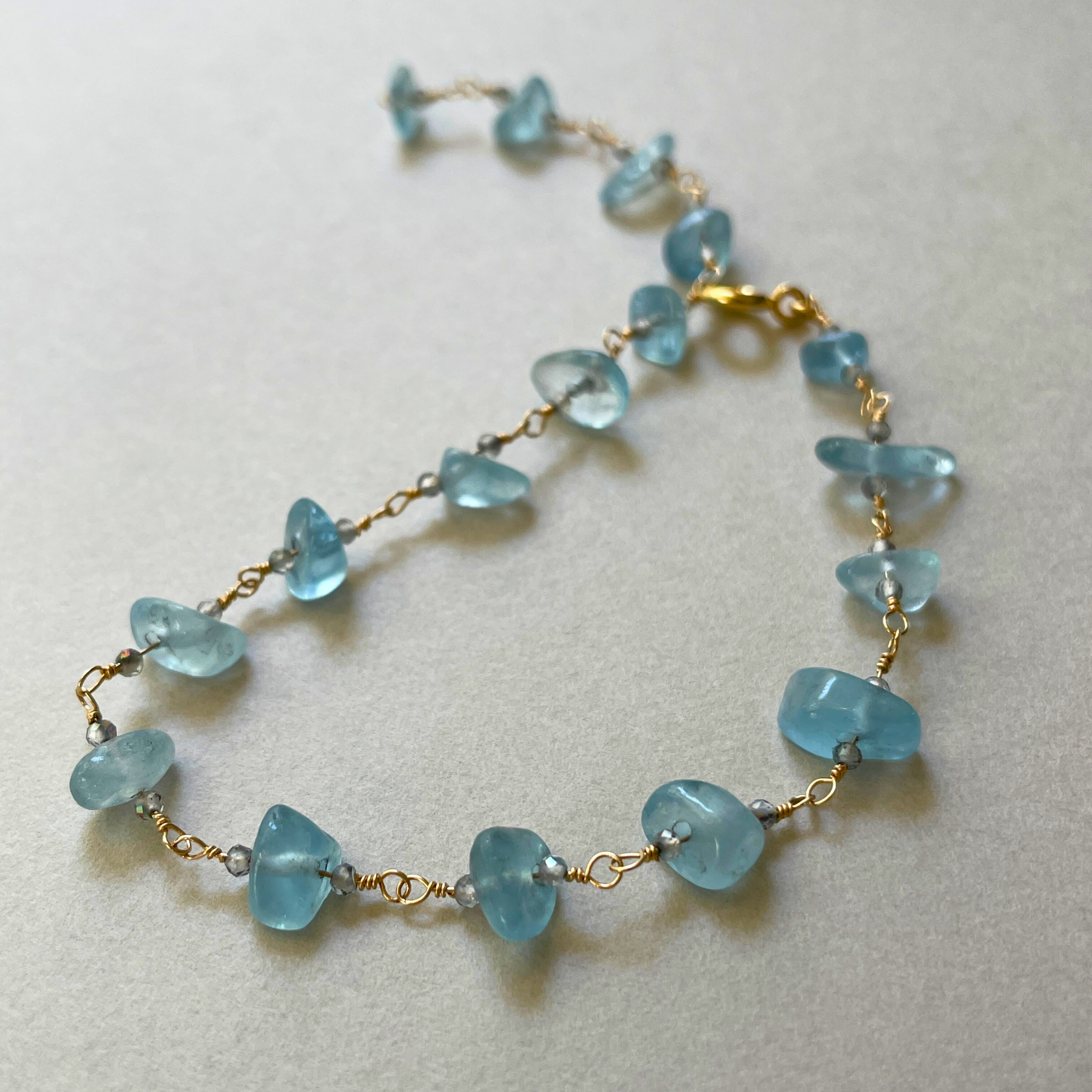 ◇14Kgf◇アクアマリンとミスティックトパーズ　ブレスレット 　天然石 　さざれ　神秘的な輝き　感情の安定　心の安定