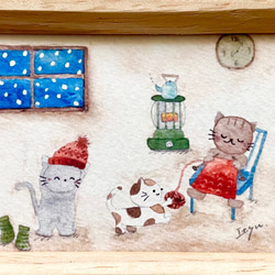 透明水彩画　ミニ額「編み物猫ちゃん」イラスト　プチギフト　ねこ　ネコ　クリスマスプレゼント　お正月　寒中見舞い 4枚目の画像