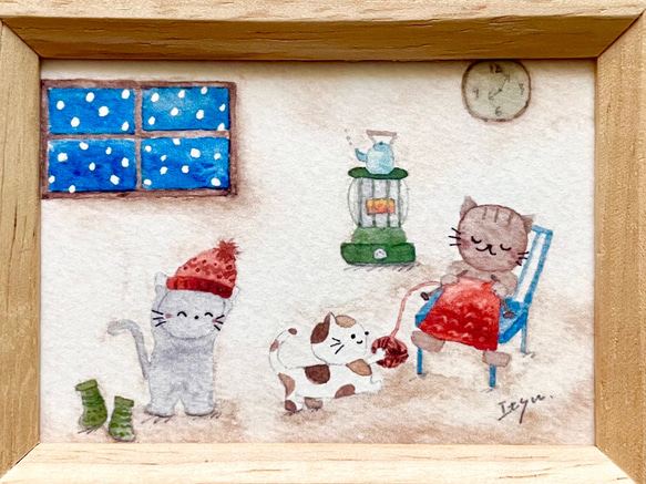 透明水彩画　ミニ額「編み物猫ちゃん」イラスト　プチギフト　ねこ　ネコ　クリスマスプレゼント　お正月　寒中見舞い 4枚目の画像