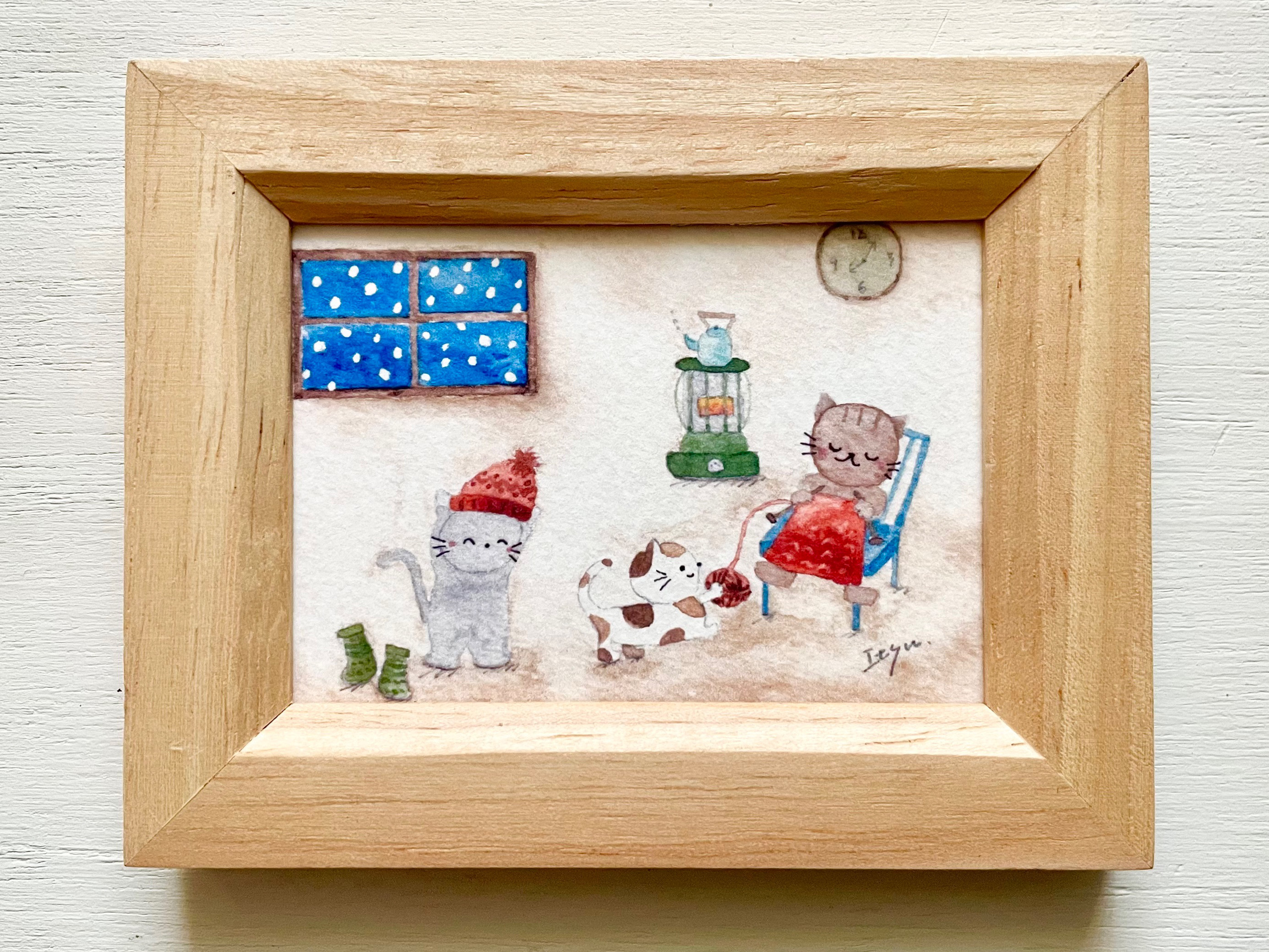 RYU　透明水彩画　原画　「猫のクリスマス」額縁付＋ローズハウス06 RYU 透明水彩画 原画 「猫のクリスマス」額縁付＋ローズハウス06