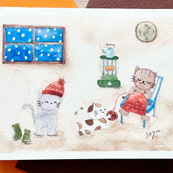 透明水彩画　ミニカード2枚セット「編み物猫ちゃん」バースデーカード　クリスマスカード　年賀状　寒中見舞い　ネコ　ねこ　 2枚目の画像