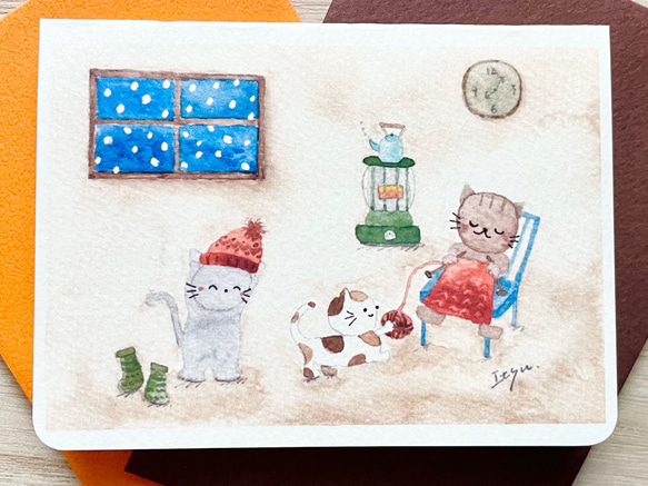 透明水彩画　ミニカード2枚セット「編み物猫ちゃん」バースデーカード　クリスマスカード　年賀状　寒中見舞い　ネコ　ねこ　 2枚目の画像