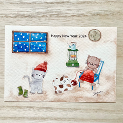透明水彩画　ミニカード2枚セット「編み物猫ちゃん」バースデーカード　クリスマスカード　年賀状　寒中見舞い　ネコ　ねこ　 3枚目の画像