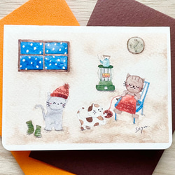 透明水彩画　ミニカード2枚セット「編み物猫ちゃん」バースデーカード　クリスマスカード　年賀状　寒中見舞い　ネコ　ねこ　 1枚目の画像