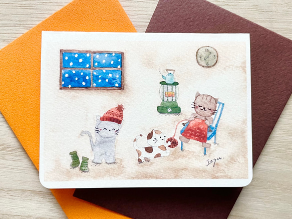 透明水彩画　ミニカード2枚セット「編み物猫ちゃん」バースデーカード　クリスマスカード　年賀状　寒中見舞い　ネコ　ねこ　 1枚目の画像