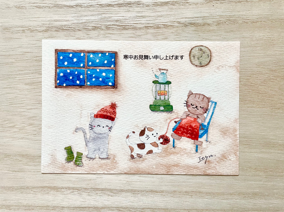 透明水彩画　ミニカード2枚セット「編み物猫ちゃん」バースデーカード　クリスマスカード　年賀状　寒中見舞い　ネコ　ねこ　 4枚目の画像