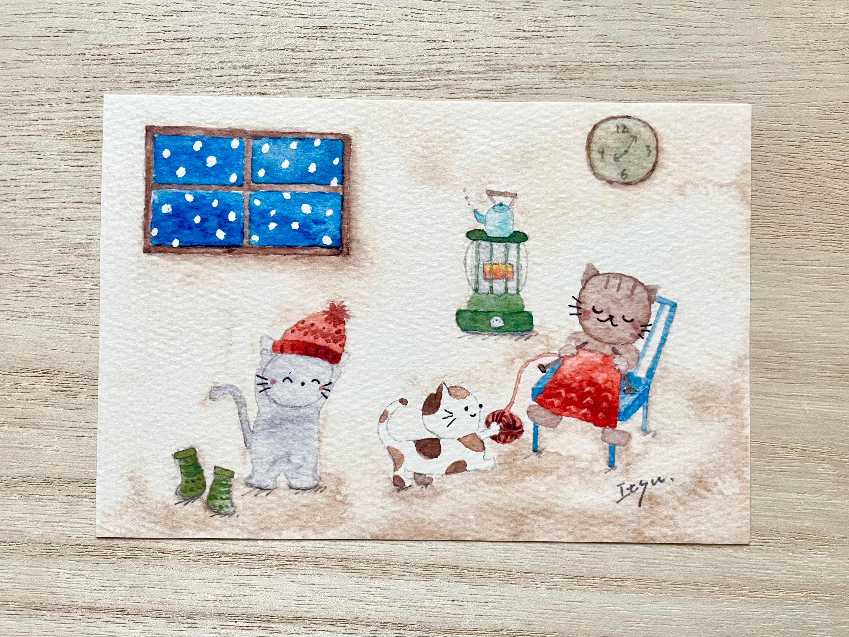 クリスマス8 A4.猫 色鉛筆画
