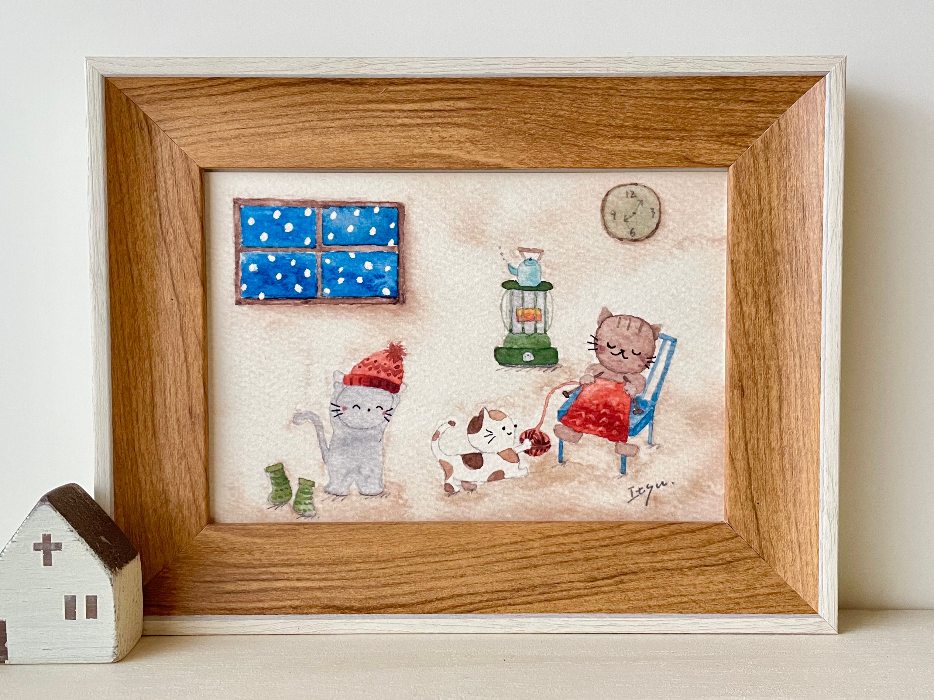 透明水彩画 A4ポスター「編み物猫ちゃん」イラスト ねこ ネコ