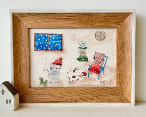 透明水彩画 A4ポスター「編み物猫ちゃん」イラスト ねこ ネコ