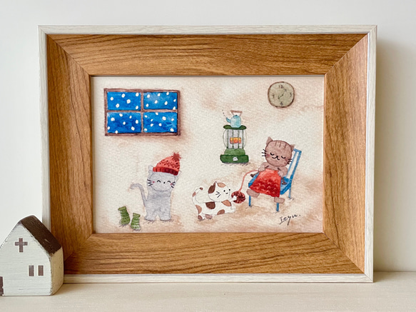 透明水彩画 A4ポスター「編み物猫ちゃん」イラスト ねこ ネコ