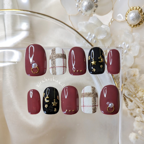 【オーダー】ネイルチップ チェリー ハート ボルドー オーダー】ネイルチップ チェリー ハート ボルドー