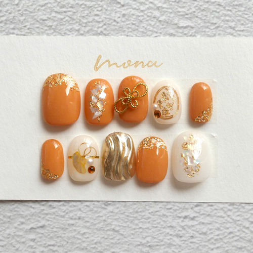 152オレンジ/成人式ネイル 振袖 和装着物ネイル押し花ネイルワイヤー白