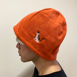 マット付きやわらかタオルのサウナハット　冬の散歩のおとも オレンジ 刺繍 三毛猫 ハシビロコウ カメレオン 11枚目の画像