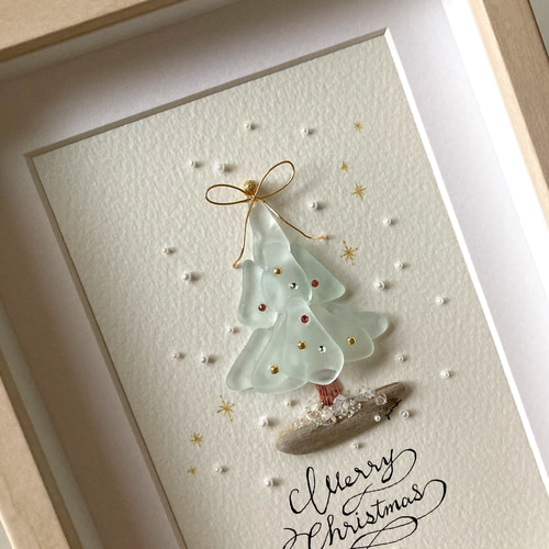 White Xmas tree シーグラス／天然石／フレームアート／クリスマス White Xmas tree シーグラス／天然石／フレームアート