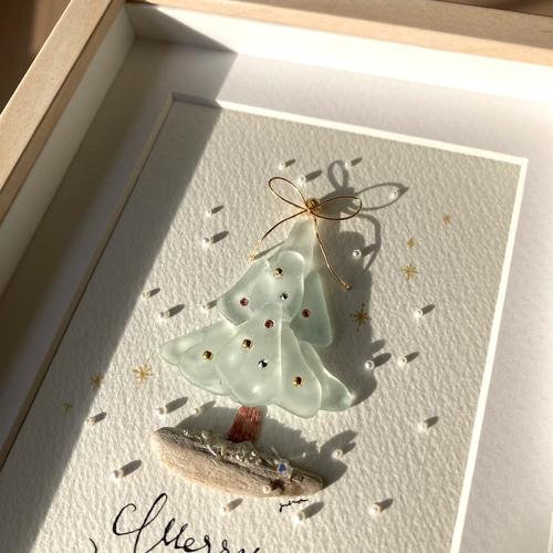 White Xmas tree シーグラス／天然石／フレームアート／クリスマス White Xmas tree シーグラス／天然石／フレームアート／クリスマス