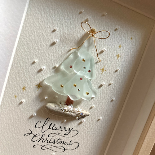 White Xmas tree シーグラス／天然石／フレームアート／クリスマス White Xmas tree シーグラス／天然石／フレームアート／クリスマス