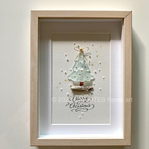 White Xmas tree シーグラス／天然石／フレームアート／クリスマス White Xmas tree シーグラス／天然石／フレームアート