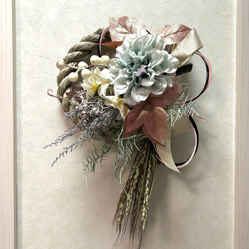 2026お正月飾り⭐︎稲穂のしめ縄飾りとブルーダリアのモダンアレンジ