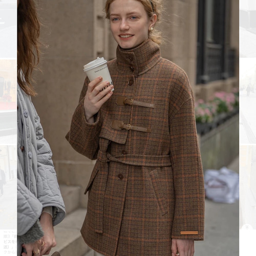 再販】クラシカルなチェック柄 手縫いミドルコート ゆったり目