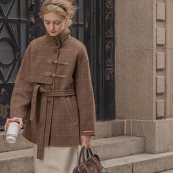 再販】クラシカルなチェック柄 手縫いミドルコート ゆったり目