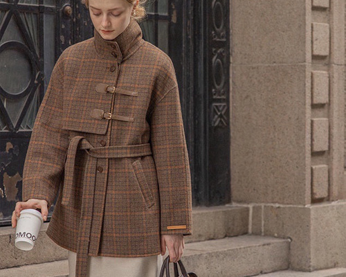 チェック柄ロングコート ウエストベルト付き LACOSTE｜ベルト付チェックプリントロングコート