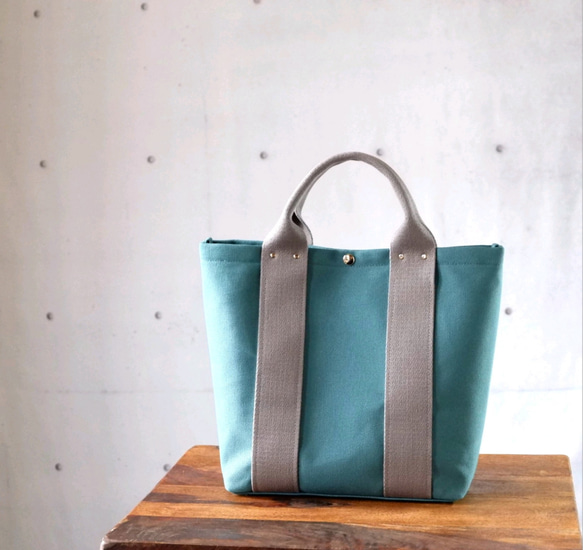 トートＭ◇Urban | 倉敷帆布 | ターコイズ×グレー 1枚目の画像
