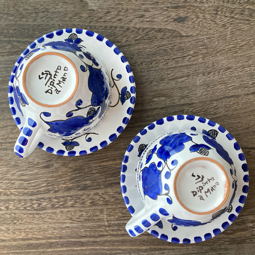 ティーカップ ＆ソーサーマヨリカ焼き イタリア陶器 青い陶器