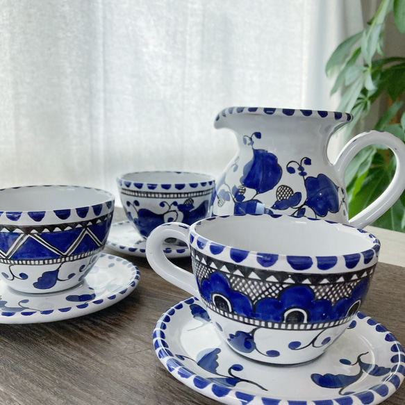 ティーカップ ＆ソーサーマヨリカ焼き イタリア陶器 青い陶器 コーヒーカップ TAZ021 8枚目の画像