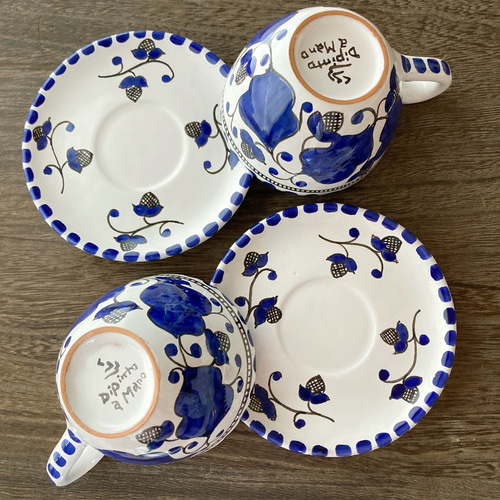 ティーカップ ＆ソーサーマヨリカ焼き イタリア陶器 青い陶器