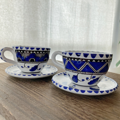 ティーカップ＆ソーサーマヨリカ焼き イタリア陶器 青い陶器 コーヒー