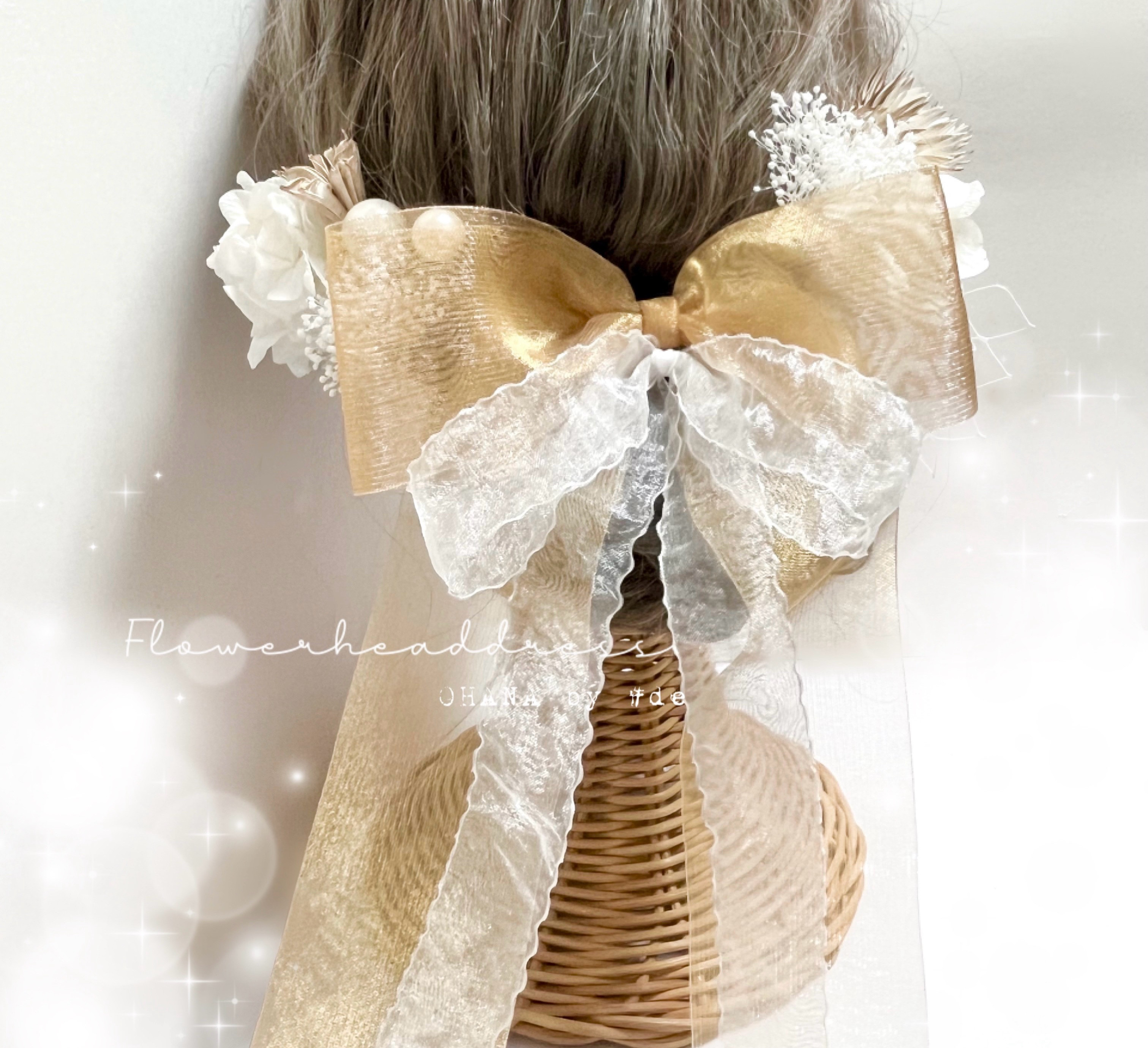 オーロラ♡オーガンジーリボン♡かすみ草(ドライフラワー)成人式♡卒業式♡髪飾り オーロラ♡オーガンジーリボン♡かすみ草(ドライフラワー)成人式♡卒業