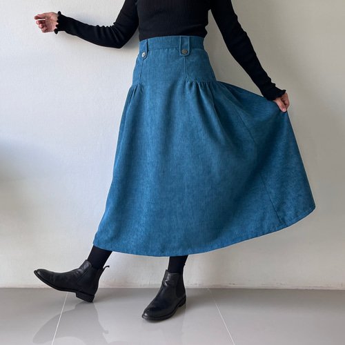英国式アンティークスカート コーデュロイギャザースカート ブルー