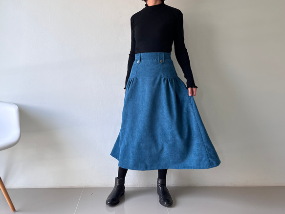 英国式アンティークスカート　コーデュロイギャザースカート  　ブルー 14枚目の画像