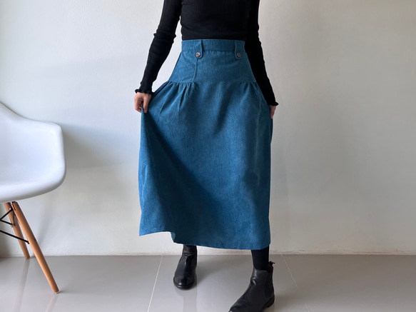 英国式アンティークスカート　コーデュロイギャザースカート  　ブルー 7枚目の画像