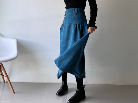 英国式アンティークスカート　コーデュロイギャザースカート  　ブルー 4枚目の画像