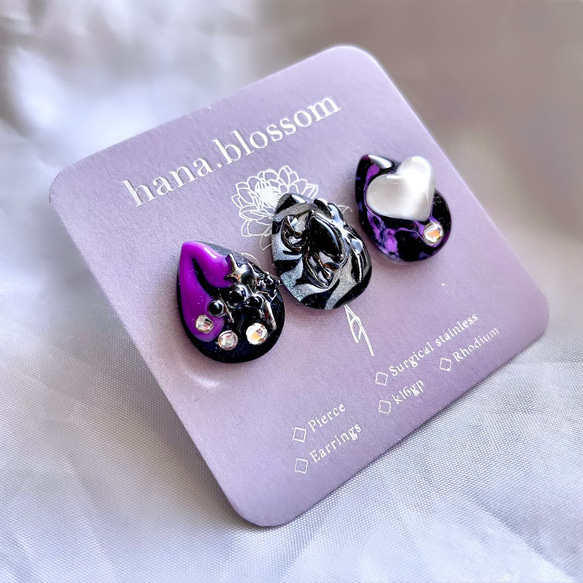 glass drop 3way black purple spider Earrings 2枚目の画像