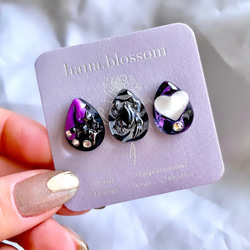 glass drop 3way black purple spider Earrings 5枚目の画像