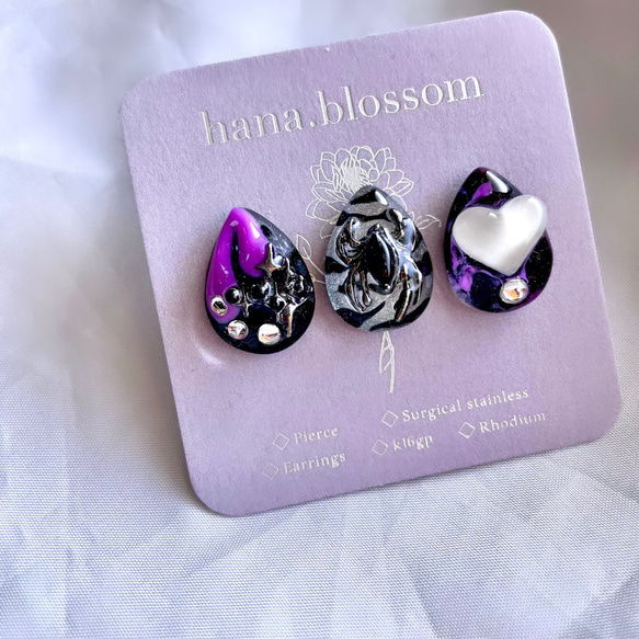 glass drop 3way black purple spider Earrings 4枚目の画像