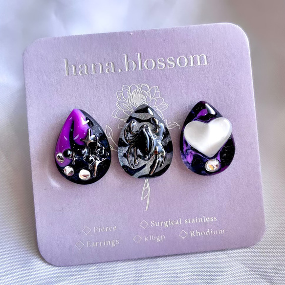 glass drop 3way black purple spider Earrings 1枚目の画像