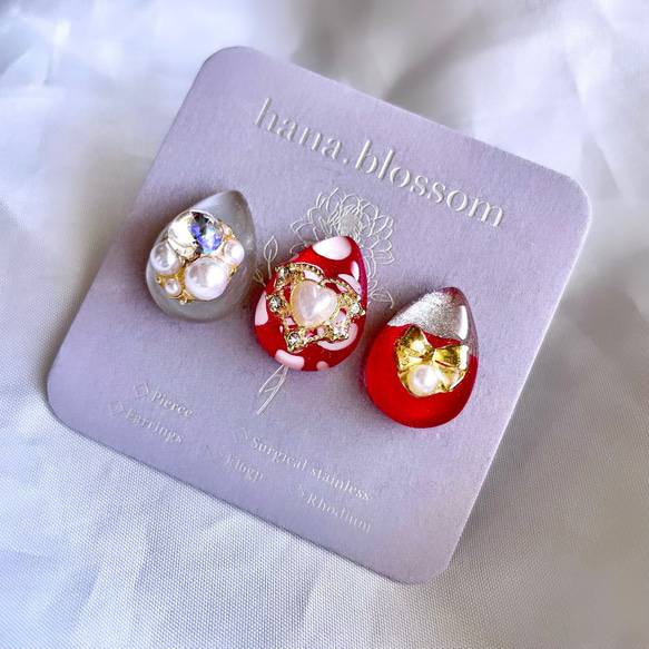 glass drop 3way white dot red Earrings 3枚目の画像