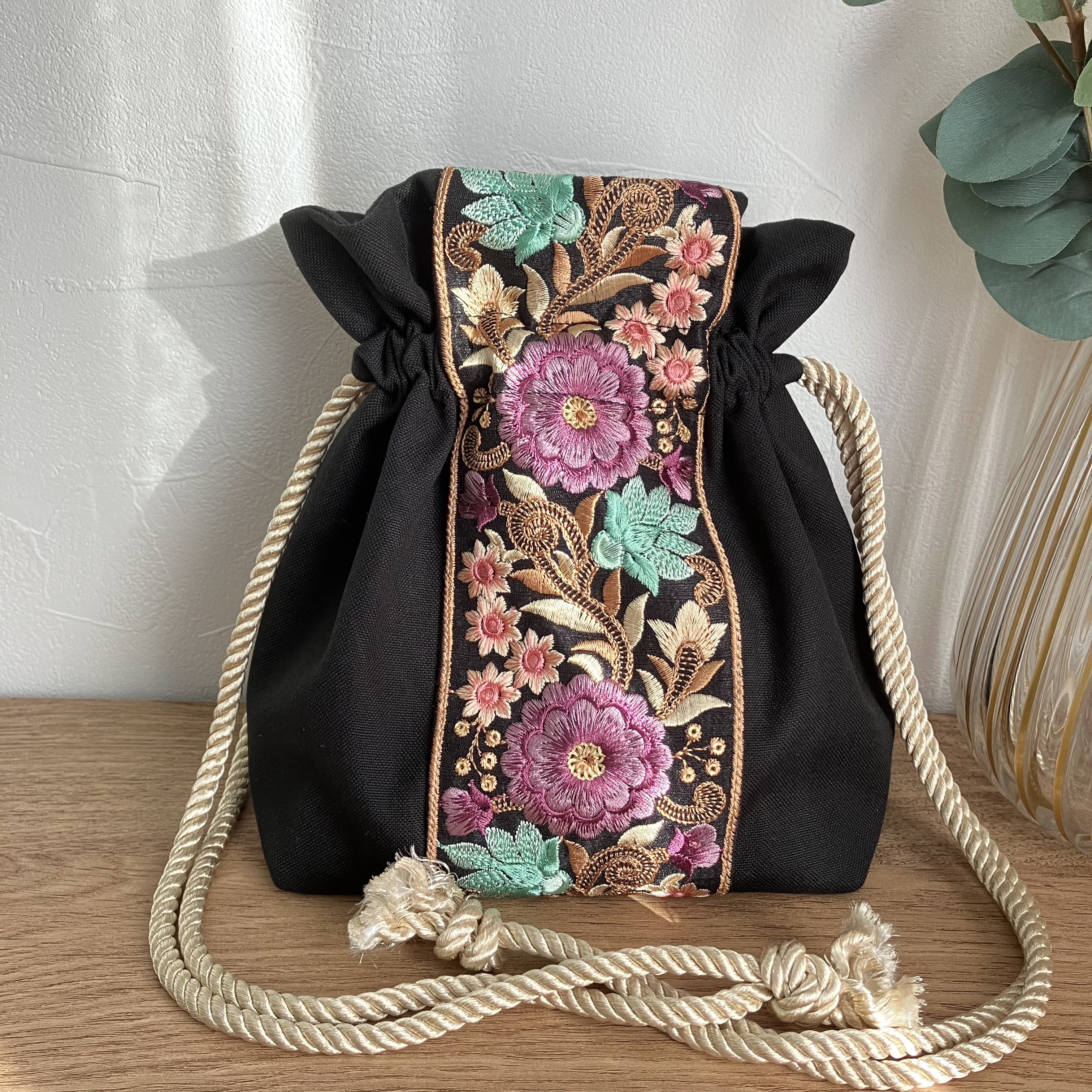 インド刺繍リボン＊巾着バッグ ショルダーバッグ 肩掛け