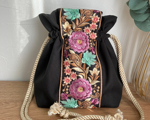 インド刺繍リボン＊巾着バッグ ショルダーバッグ 肩掛け