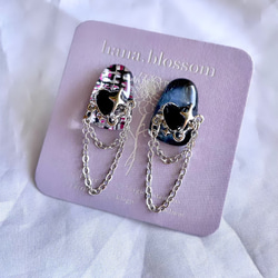 glass trapezoid tweed heart chain Earrings 3枚目の画像