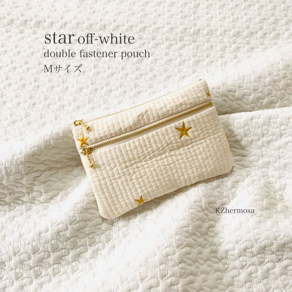Mサイズ　star off-white  double fastener pouch ダブルファスナーポーチ　通帳ケース 1枚目の画像