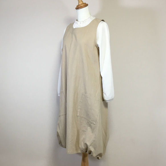 バルーンワンピ 袖なし◇ベージュ【やわらかコットンリネン】◇M・L  