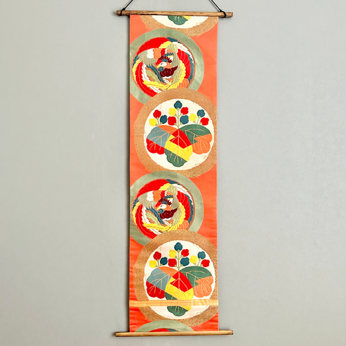 お正月タペストリー ハンドメイド 古布 アンティーク 新年 お飾り 帯のタペストリー アンティーク 桐と鳳凰 着物リメイク インテリア