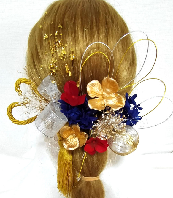 成人式用髪飾り　卒業式髪飾りドライフラワーヘア飾り　振袖　和装　着物　結婚式 水引 ゴールド　タッセル 2枚目の画像
