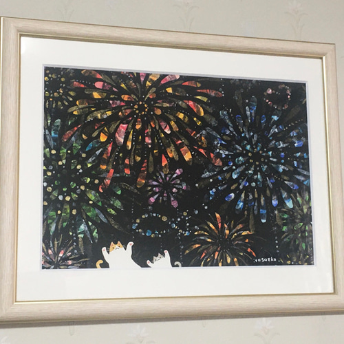 絵画「花火が嬉しいネコたち」 絵画 伊藤彩恵子 通販 16827267