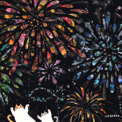 「 花火じゃらし 」B5大きめ 花火 盆おどり 猫イラスト 色鉛筆画 花火じゃらし 」B5大きめ 花火 盆おどり 猫イラスト 色鉛筆画